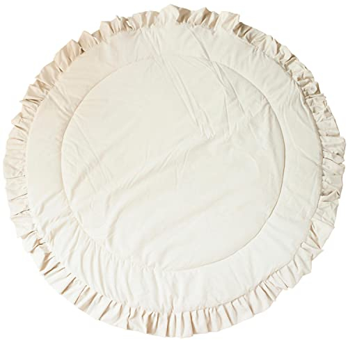 MINICAMP Matten für Bodenspiel aus natürlicher Oeko-TEX-zertifizierter Baumwolle - Weicher gepolsterter Teppich mit gerüschtem Rand - Runder Teepee-Spielteppich 124 cm breit (Ecru)