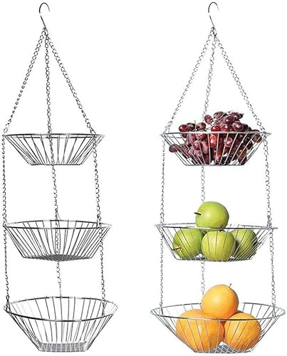 CATCOQ 3 Etagen Obstkorb zum Hängen, Hängekorb 3 stöckiger Pflanzen Suitable for Every Kitchen, Rostfreier Stahl Multi-Functional Hanging Basket for Fruit, Vegetables, Pflanzen, 28 x 28 x 76 cm
