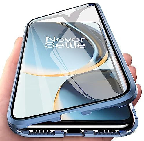 Orgsty Coque pour OnePlus Nord CE 2 Lite 5G, Coque d'adsorption magnétique Ultra Mince à 360° Housse de Protection en Avant et Arrière Verre Trempé Etui Transparent Métallique Antichoc, Bleu