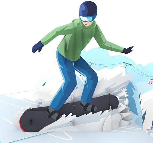 MOKIO® Biglietto di Auguri Pop-Up – Snowboarder – Biglietto 3D | come buono per vacanza sulla neve, corso di snowboard, skipass o regalo in denaro, biglietto di compleanno per snowboarder