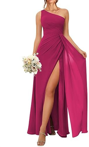 SAMHO Vestido de dama de honor de un hombro para mujer, de gasa, largo con abertura, vestido de fiesta para damas de honor, fucsia, 60