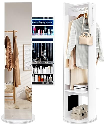 COSTWAY Armoire à Bijoux Pivotante à 360°, Miroir Autoportant Pleine Longueur avec Rangement pour Bijoux, Étagères, Porte-Manteau, Lumières LED 3 Couleurs, Organiseur de Bijoux Rotatif, Blanc