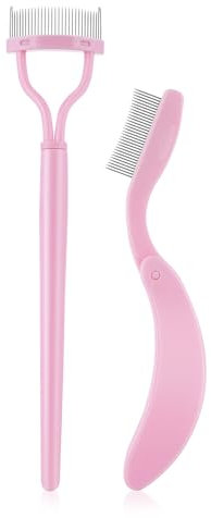 Amabro Lot de 2 peignes à cils brosse a sourcils, dents en métal en forme d'arc séparateur de cils professionnel, pinceaux cosmétiques avec couvercle de peigne pour définir les sourcils, rose
