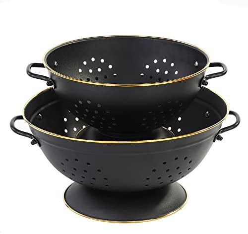 beifeier Metal Colander Set - 3.5 & 5 Quart, Colander with Gold Handle and Base, Dishwasher Safe, Kitchen Essential Strainer for Pasta Fruits Vegetables (MatteBlack)