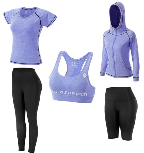 JULY'S SONG Tuta da yoga da donna 5 pezzi Tuta da allenamento da donna Tute sportive da corsa Jogging Palestra Tuta da donna Set Sport Yoga Fitness Abbigliamento, Aggiornamento viola, XL