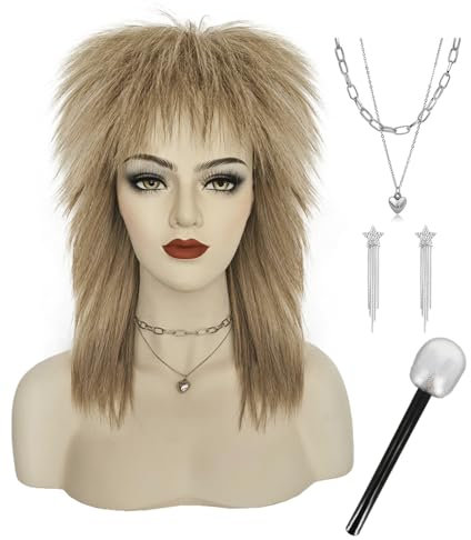 Juziviee 5pcs Set 80er Jahre Perücke Damen Blonde Lang für 80er Jahre Kostüm Fasching Karneval Halloween VD102GD