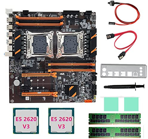 LAUGHERER X99 Dual CPU Motherboard +2XE5 2620 V3 CPU+2XDDR4 4G RECC RAM+SATA Cable+Baffle LGA 2011 8XDDR4 Slot Support 2011-V3 CPU Replacement Spare Parts