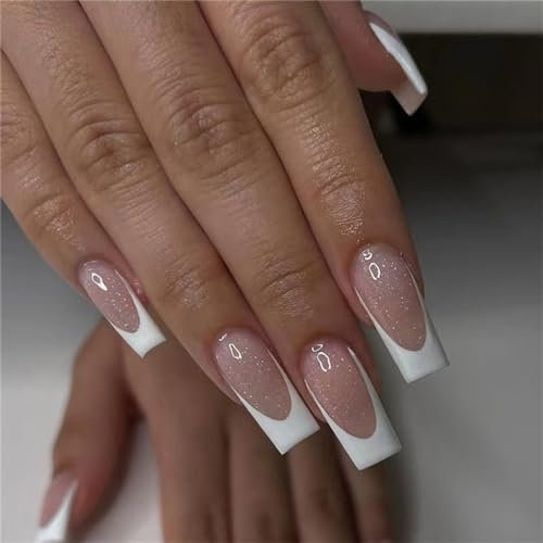 French Tip False Nails - 24pcs Press On Nails Long - Long Ballet White French Style False Nails With Glue - Long Coffin Shaped Elegant French Ballet Luxury Design Fake Nails