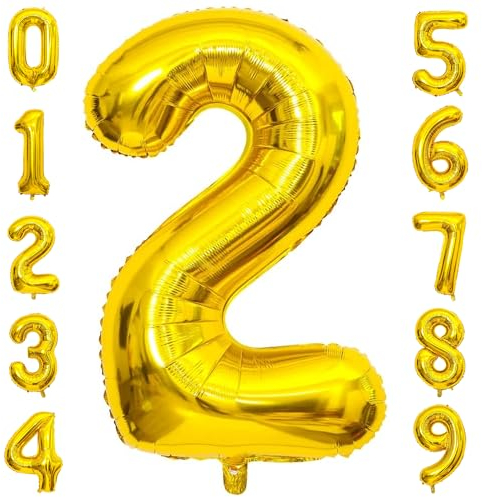 PatiCool Zahlen Luftballon 2 Gold, 100cm - 40 Zoll Luftballons Geburtstag, XXL Riesen Folienballon 2 Gold Geburtstagsdeko, Helium Ballons Zahlen für Kinder, Junge, Mädchen