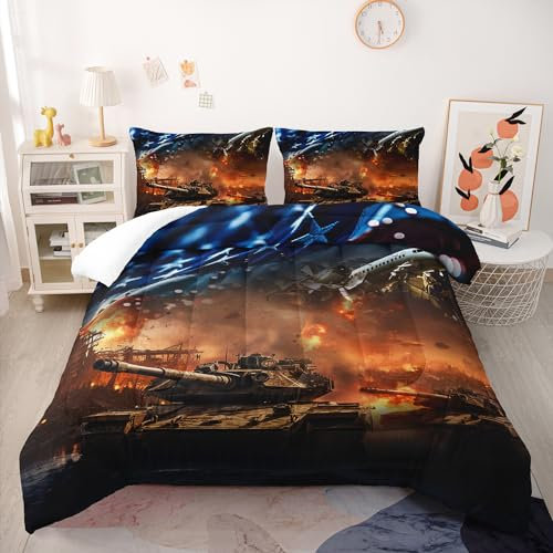 Nttopship Bettwäsche-Set mit Kriegsmotiv, Doppelbettgröße, für Kinder, Jugendliche und Erwachsene, Panzer und Flugzeuge, bedrucktes Bettwäsche-Set für Schlafzimmer, Mikrofaser, ganzjährig, bedruckt,