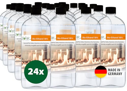 BioFair Bioethanol 100% | 24 x 1L Flasche | Für Ethanolkamin, Bioethanolkamin, Gartenfackel | Innen & Außen | Geruchs- & Rußfrei | Hochreines Bio Ethanol