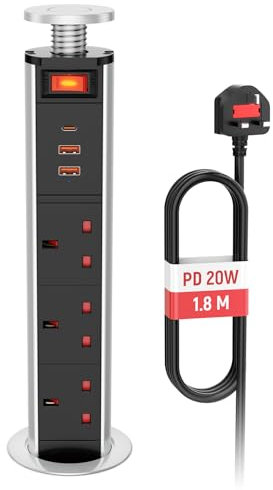 Pull Pop up Plug Socket USB C PD20W with Switch, Desk Power Socket Extension 3 Way Outlets for Kitchen Worktops Island, 13A/3250W, 1.8M Cable, Silver Black