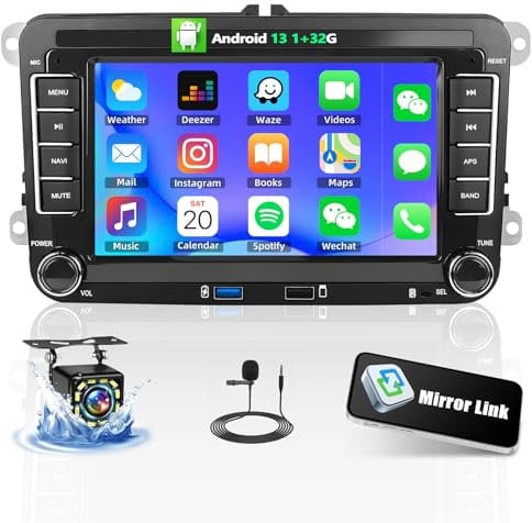 OiLiehu 1+32G Android 13 Car Stereo for VW Polo Golf Caddy T5 Tiguan Skoda Seat with Mirror Link, 7 IPS Touchscreen Car Radio with GPS WiFi Bluetooth FM RDS EQ SWC Split Screen + Backup Camera