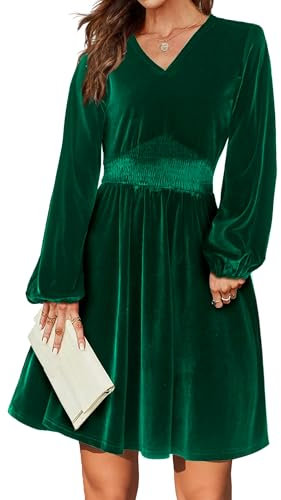 Zeagoo Abito da Cocktail da Donna Halloween Elegante Abito in Velluto Abito da Festa A Maniche Lunghe Abito da Sera Scollo A V Abito da Sera A Vita Alta Verde Scuro XL