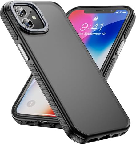 Yriklso for iPhone 12 Phone Case, Shockproof Mobile Phone Cover and Case, Military Grade Drop Protection, Protective Hard Back Slim Translucent Phone Case for iPhone 12 6.1'', Frosted Black Bumper
