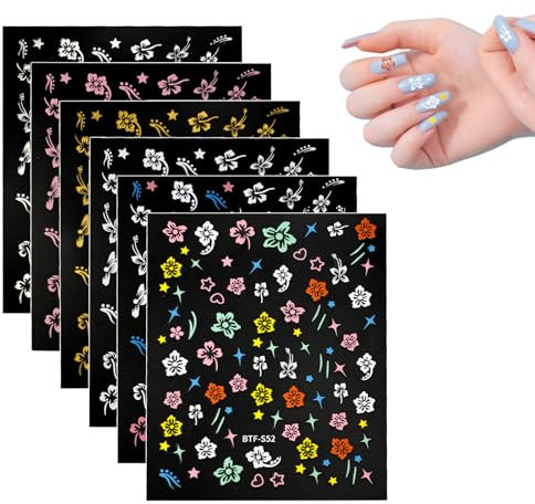12 Fogli Adesivi Unghie Fiori Ibisco, Estate Adesivi per Unghie con Fiori 3D Autoadesivo Design Ibisco Decorazioni Floreali Unghie e Tropicali Decorazione per Manicure per Donne Ragazze