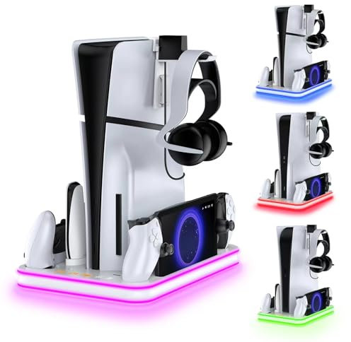 WUXIDIXI Caricabatterie per PlayStation, supporto PS5 e stazione di raffreddamento con controller LED RGB, accessori per dock di ricarica, controller PS5 Edge e caricatore per portale PS, cuffie e