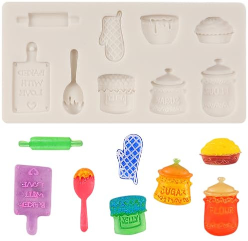MINFEIDMS Miniature Home Baking Silicone Mould Rolling Pin Oven Glove Cake Bowl Wooden Spoon Fondant Moulds for Cake Decoration Cupcake Topper Chocolate Candy Gum Paste Polymer Clay