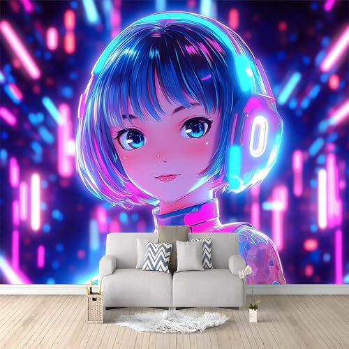Anime Girl Neon Colours Wallpaper Bedroom Kids Boys 3D Wallpaper Mural 400x280 cm Blue Pink Kids Teens Room 3D Poster Photo Wall Decoration Themed Room Playroom