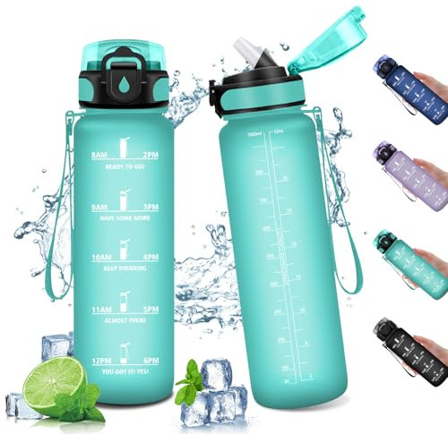 Sportflasche 1L, Wasserflasche mit Strohhalm, Trinkflasche Auslaufsicher, Sport Wasserflasche mit Zeitmarkierung, Kohlensäure Geeignet, Trinkflasche Groß für Fitness, Yoga, Outdoor, Fahrrad