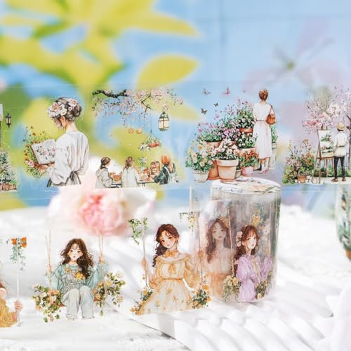 Kesari Scrapbook Journal Stickers,3 Rollen PET Scrapbook Sticker Tape Mädchen und Blumen Serie Für DIY Journaling,Fotoalbum,Kalender(Flower Picking Girl)
