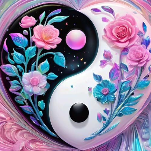 QENSPE Yin Yang Diamond Painting Set für Erwachsene, Diamond Painting Rose Diamond Art, Kristall Diamant Kunst mit Werkzeugen DIY Handwerk für Haus Zimmer Wand Dekor 30x30cm