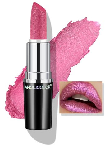 Anglicolor Glitzer Lippenstift Metallic Rosa Glänzend Glossy,Shimmer Lipstick Seidig Velvet Langanhaltend Feuchtigkeitsspendende,Vegan Lipgloss Damen Mädchen Make-up (06 RED VIOLET, 4g)