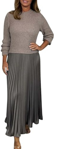 Damen Kleider Elegant Strick Frühlingskleid Patchwork Strickkleid Winter Lang Faltenkleid Langarm Winterkleid Elegant A Linie Pulloverkleid Frauen Lange Plissee Kleid Casual Strickkleider