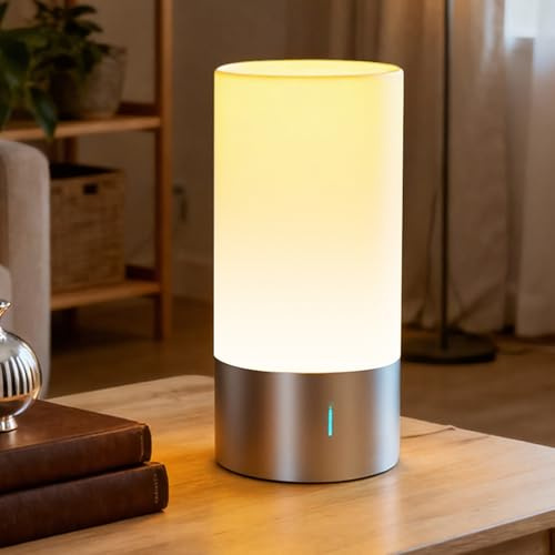 Famigreta Table Lamp, Bedside Touch Control Lamp for Bedroom 3 Level Dimmable Warm White Lights with 256 RGB Color Mode Modern Deisgn Smart Nightstand Desktop LED Lamps Portable for Read(Advanced)