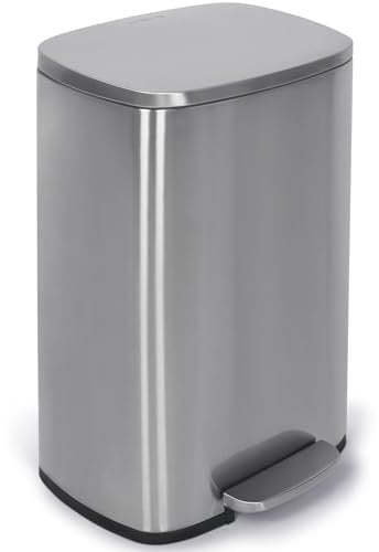 NETTA Kitchen Bin 50L, Pedal Bin Smudge Resistant with Inner Bucket, Brushed Stainless Steel Rubbish Bin, Soft Close