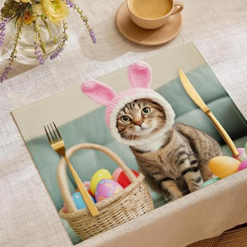 3D Süße Getigerte Katze Tischsets 45X30Cm 4Er Set, Platzmatten Osterhase,Tischsets Abwaschbar, Leinen Hitzebeständig Platzdeckchenfür Küche Speisetisch Hotel