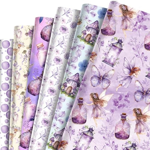 12 Blatt Geschenkpapier Mädchen Lila Fee Elfen Muster,6-Typen Geschenk Verpackung Schmetterling Deko für Designpapier Scrapbooking Wrapping Paper DIY-Bastelgeschenke,50x68 cm