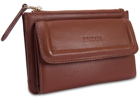 SADDLER Marion Women's Leather Trifold Wallet with Coin Purse - Tan | RFID blocking lining safeguards cards against skimming, arriving tissue-wrapped inside a signature gift box.