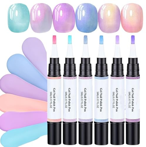6Pcs Gel Nail Polish Pens - One-Step Pink Blue Pearl Nail Polish Pens UK | Pearl Nail Varnish Pens - Nail Polish Pens UK No Need Base Coat Nail Art Pens for DIY Salon UV Lamp Required
