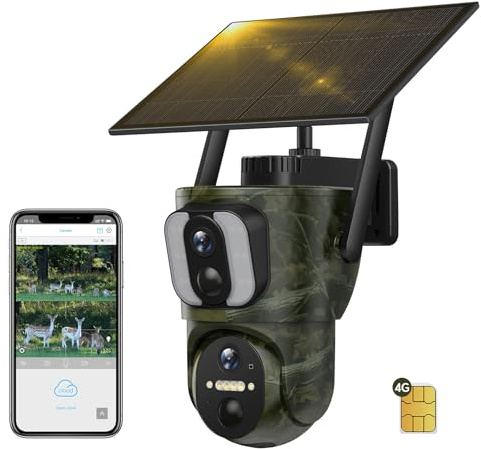 4G LTE Doppelobjektiv Wildkamera Solar, 1080P Live Übertragung, Wildkamera mit Handyübertragung APP SIM Karte, 355° Pan 90° Tilt, Dualer PIR-Sensor Wildierkamera Bewegungsmelder Nachtsicht Wasserdicht