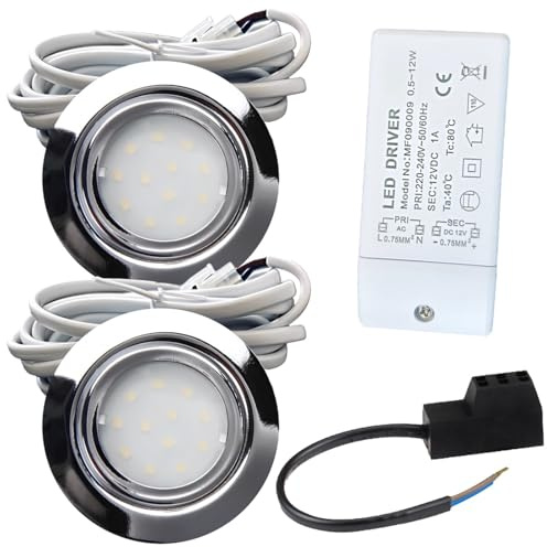 2er Set LED Einbauleuchte Leni 12V 2,2W Neutralweiß 4000K | IP44 Ø72mm flach Chrom | 240lm | Mit LED Trafo & AMP-Verteiler | Für Küche, Bad, Schränke & Möbel | Einfache Montage & hochwertiges Licht