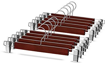 High-Grade Wooden Trouser Hangers with Clips (10 Pack) - Durable Wooden Skirt Hangers, 360° Hook, Hangers for Trousers - Jean Hangers / Pants Hanger with Non Slip Adjustable Clips for Slacks & Shorts