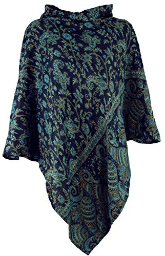 GURU SHOP Poncho mit Kapuze, Goa Hippie, Boho Poncho - Schwarz/petrol, Damen, Synthetisch
