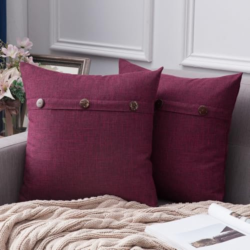 MIULEE 2er Set Kissenbezug Leinenoptik Home Dekorative Kissenhülle Leinen Einfarbig Kissenbezüge für Sofa Schlafzimmer Wohnzimmer Bed Decor mit Knopf 50x50cm Crimson