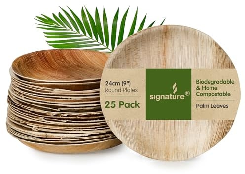 Signature Packaging - Disposable Palm Leaf Plates - Sturdy, Large Round Plates - 24cm, 25 Pack