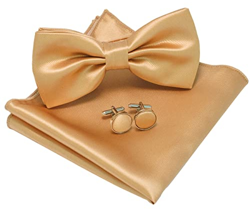 JEMYGINS Fliege Herren Champagner Gold Satin Zweifach Gefaltet und Einstecktuch mit Manschettenknöpfe Set (1)