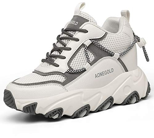 AONEGOLD Sneakers con Zeppa Donna Scarpe da Ginnastica con Tacco Nascosto Sportive Fitness Scarpe Traspiranti Plateau Casual Moda Antiscivolo Sneakers(Beige,Taglia 40)