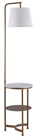 Teamson Home Lilah 163cm Tray Table Floor Lamp with White Faux Marble Table Top, Bottom Shelf, USB Port Gold with White Drum Shade