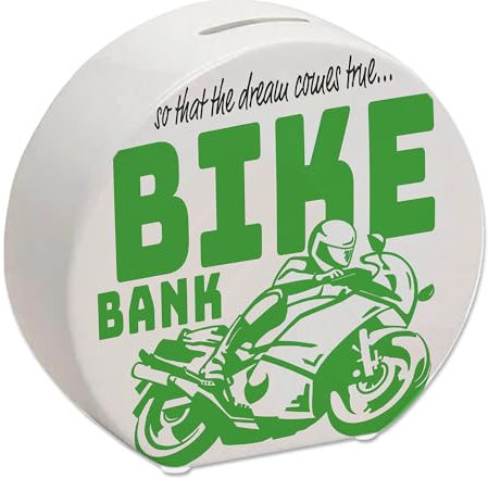 Bike Bank Spardose in grün zum Thema Motorradkauf und Motorrad Fahren schöne Sparbüchse Geschenk für Sparfüchse die Träume eines Bikers mögen oder Sich ihren eigenen Traum