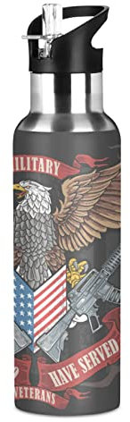 Mnsruu Aigle Américain Drapeau USA Oiseau Isotherme Bouteille d'eau avec Paille, Gourde Sport en Acier Inoxydable 600ML Gourdes sans BPA pour Enfant Garçon Fille École Bureau