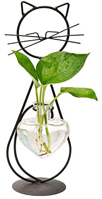 JFBUCF Desktop-Glas-Pflanzgefäßvase mit Metallhalter, kreatives Herz-Pflanzen-Terrarium, Katze, Metallständer, Propogation, Hydrokultur-Vase für Zuhause, Büro, Dekor, Schwarz, 28.5 x 12 x 8.5 cm