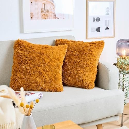 Blumtal 2er Set Kuscheliger Kissenbezug 45x45 cm - Dekokissen aus Kunstfell mit Reißverschluss weiche Kissenhülle - Flauschiger Bezug für Sofakissen Couchkissen, Oeko-Tex Zertifiziert, Braun