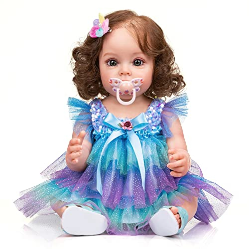 MineeQu 22 Zoll Süßes Gesicht Echt aussehen Verwurzeltes blondes Haar Silikon Vinyl Ganzkörper Reborn Babypuppen Anatomisch korrekt Realistisch Neugeborene Kleinkindprinzessin Doll Spielzeug Geschenke