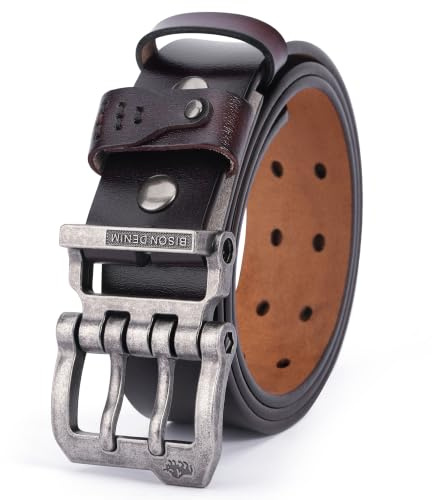 BISON SPIRIT Leather Belts for Men 1.5 Double Prong Mens Belt | Waistband Casual with Gift Box, Double Pin Buckle, Dress Suit Belt Belt
