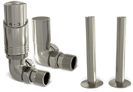 UK Radiators Silver Nickel Thermostatic Radiator Valves and Corner Lockshield Valve - Brushed Finish - Classy and Modern Design 1/2 x 15mm Corner Radiator Valves - with 130mm Pipe Covers
